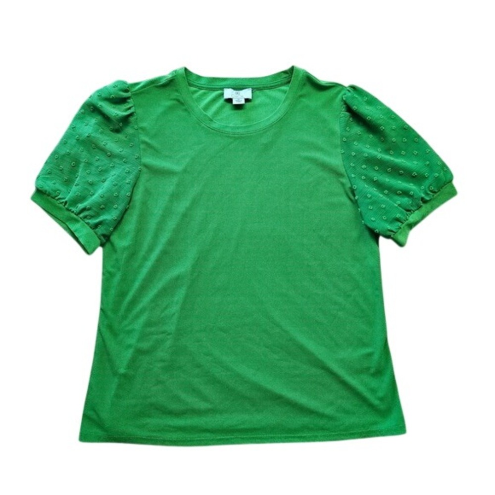 CeCe Womens Kelly Green Swiss Dot Puff Sleeve Knit Blouse Top Size Medium